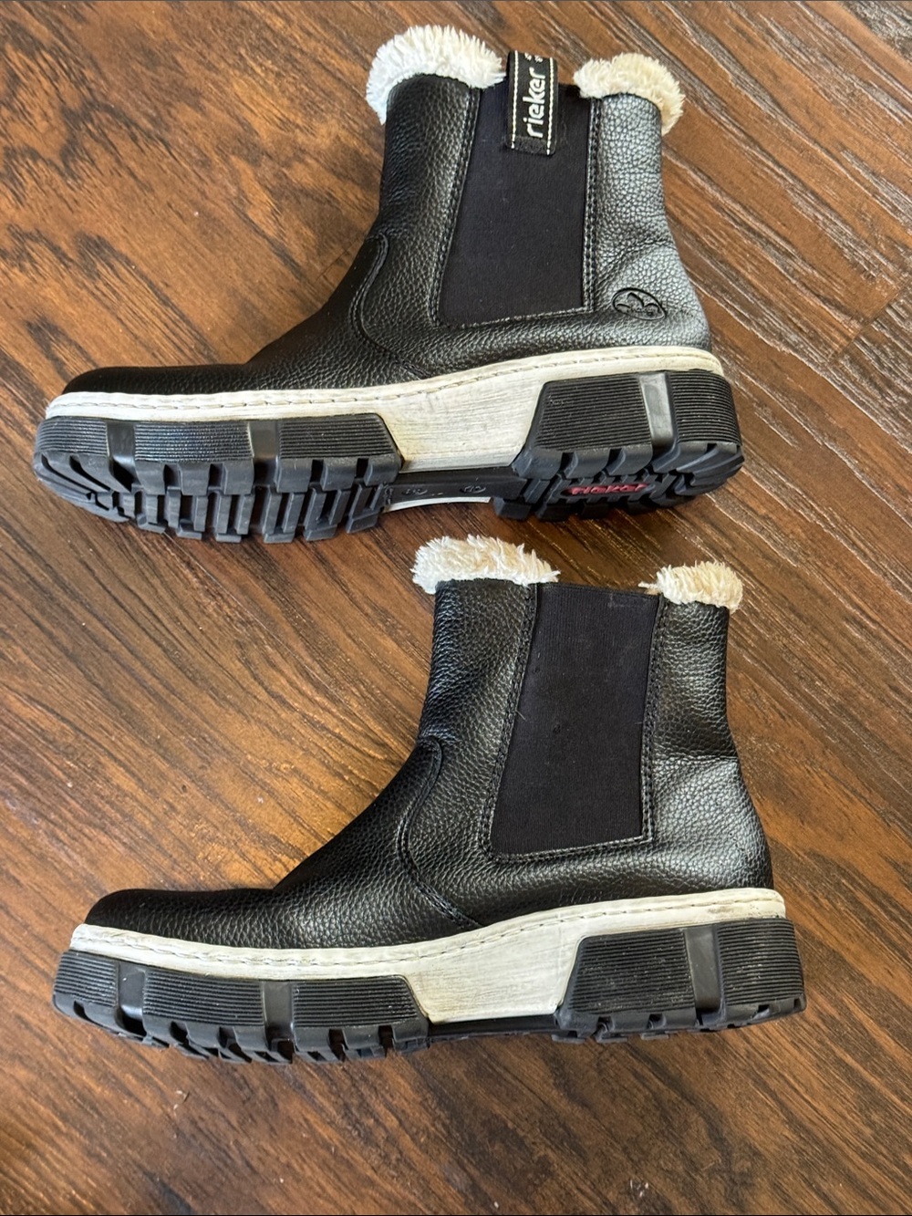 Rieker Black Ankle Boots with Cream Fur Trim - Picture 5 of 11